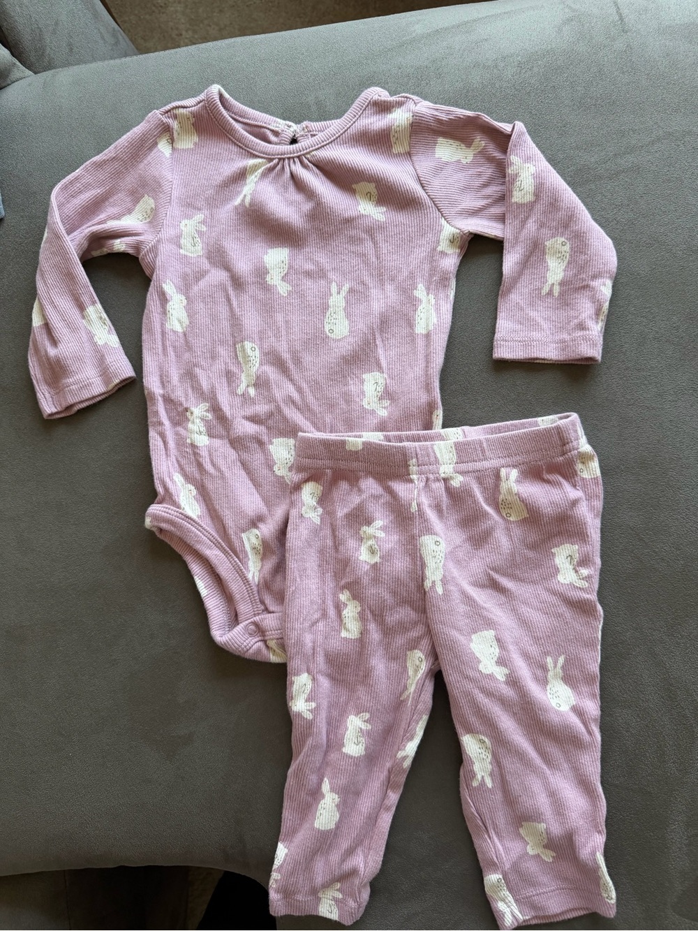 Carter Long Sleeve One-Piece Set in Dusty Pink with Bunny Print